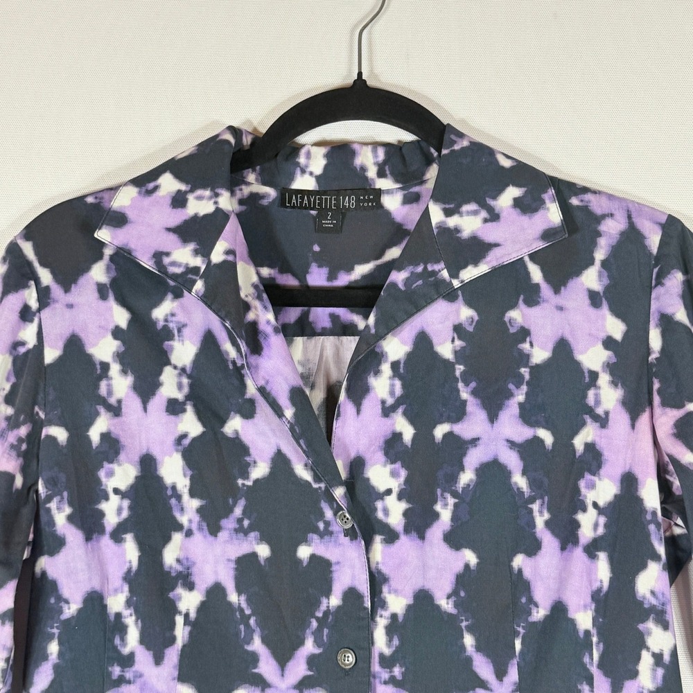 Lafayette 148 Womens 2 Purple Black Cotton Blend Button Down Shirt Top‎ Career - Picture 2 of 7